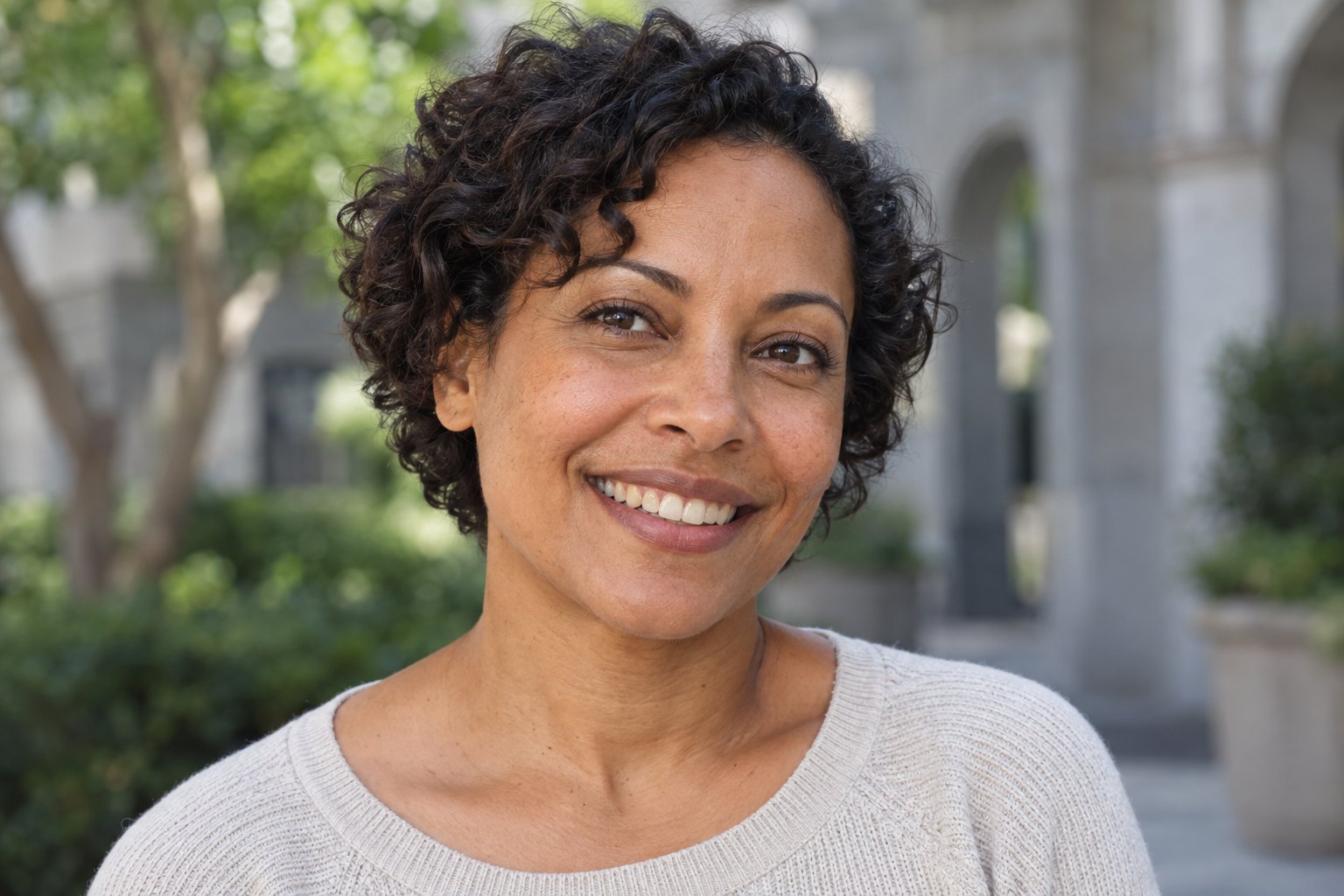 An adult smiling naturally in daylight